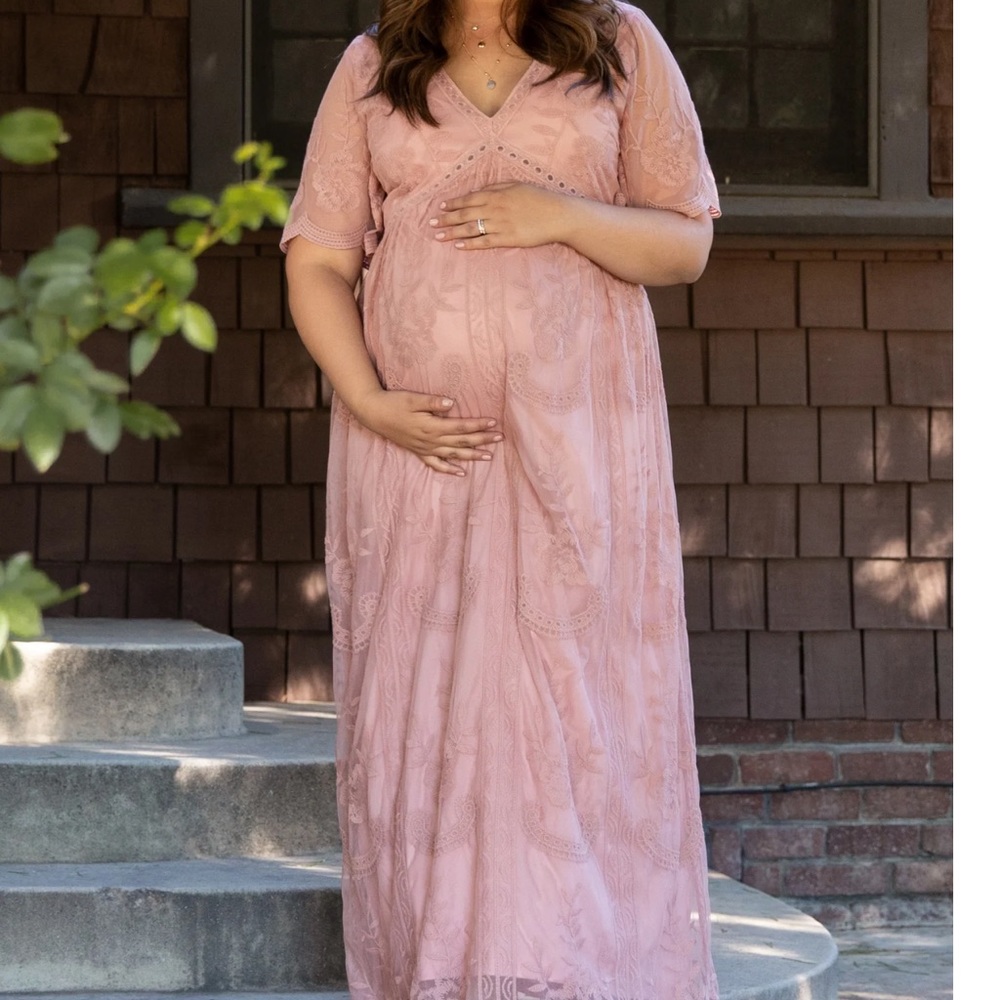 Pinkblush Light Pink Lace Mesh Overlay Maternity Maxi Dress
